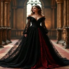 Black Red Gothic Wedding Dresses Long Sleeves Lace Applique Medieval Bridal Gown
