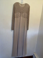 oleg cassini 14 Beaded Sequin Pearls Oatmeal Mother Of The Bride Maxi Dress New