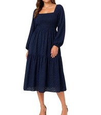 Madewell Lucie Dress Women's XL Navy Eyelet Smocked Midi Cutout Back Puff Sleeve
