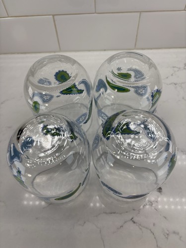Libbey Crisa Blue Paisley Stemless Wine Glasses Set of 4 Retro Barware Gift - Picture 8 of 9