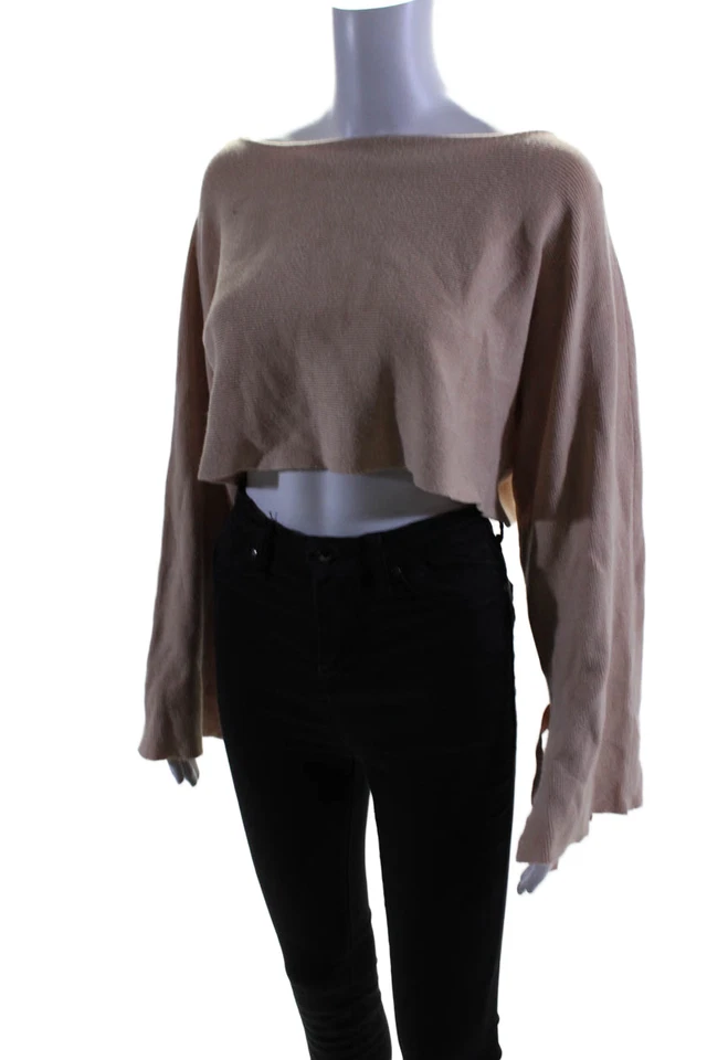 Zara Knit Womens Round Neck Long Sleeve Tie Sleeves Crop Sweater Pink Size S - Image 2 of 4