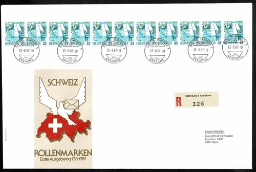 SG57 SWITZERLAND 1987 Registered FDC definitive issue 25c strip of 11