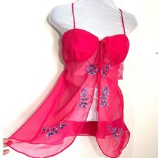 Y2K L Fairy Whimsy Coquette Barbiecore Babydoll Chemise Pink Floral Embroidery