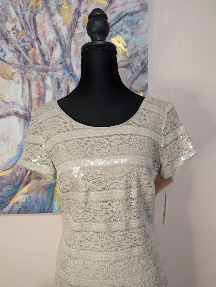 Vestido Donna Ricco Vaina Lentejuelas Beige Encaje Talla 6 Boda Fiesta Evento Elegante NUEVO Foto 3 de 4