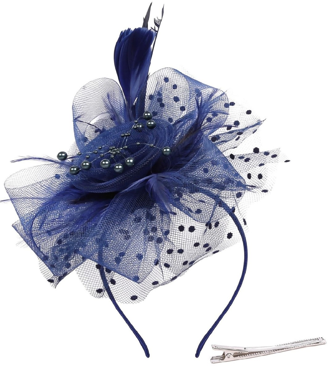 New Navy Blue Fascinator Derby Hat Tea Garden Party Hat Race Day Headwear new Navy Blue White Kentucky Derby Hats Royal Ascot Church  main image 3