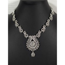 Rhinestone Statement Necklace Silvertone Crystal Bib Drop 17" Bridal Prom Formal