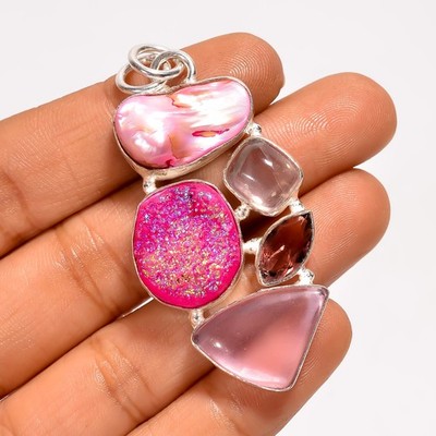 Titanium Druzy Biwa Pearl Gemstone 925 Silver Handmade Pendant 2.2'' ARP-7109