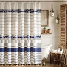 Boho Farmhouse Shower Curtain with 12 Clear Rings, Rustic Fabric Faux Linen S...