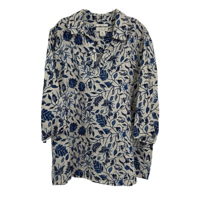 Rachel Zoe Size 1X Women s 100% Linen Cream Blue Floral Popover Tunic Blouse