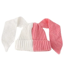 Color Block Knit Beanie Hats Cute Bunny Long Ears Grunge Hat Fluffy Winter Ca...