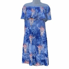 WONDERLAND by ORANGE Women S Blue Off Shoulder Flounce Cow Skull Rodeo Dress