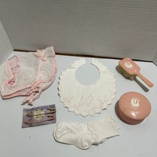Vintage Baby Bib Hat Diaper Pins Socks Brush Powder Box