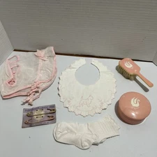 Vintage Baby Bib Hat Diaper Pins Socks Brush Powder Box