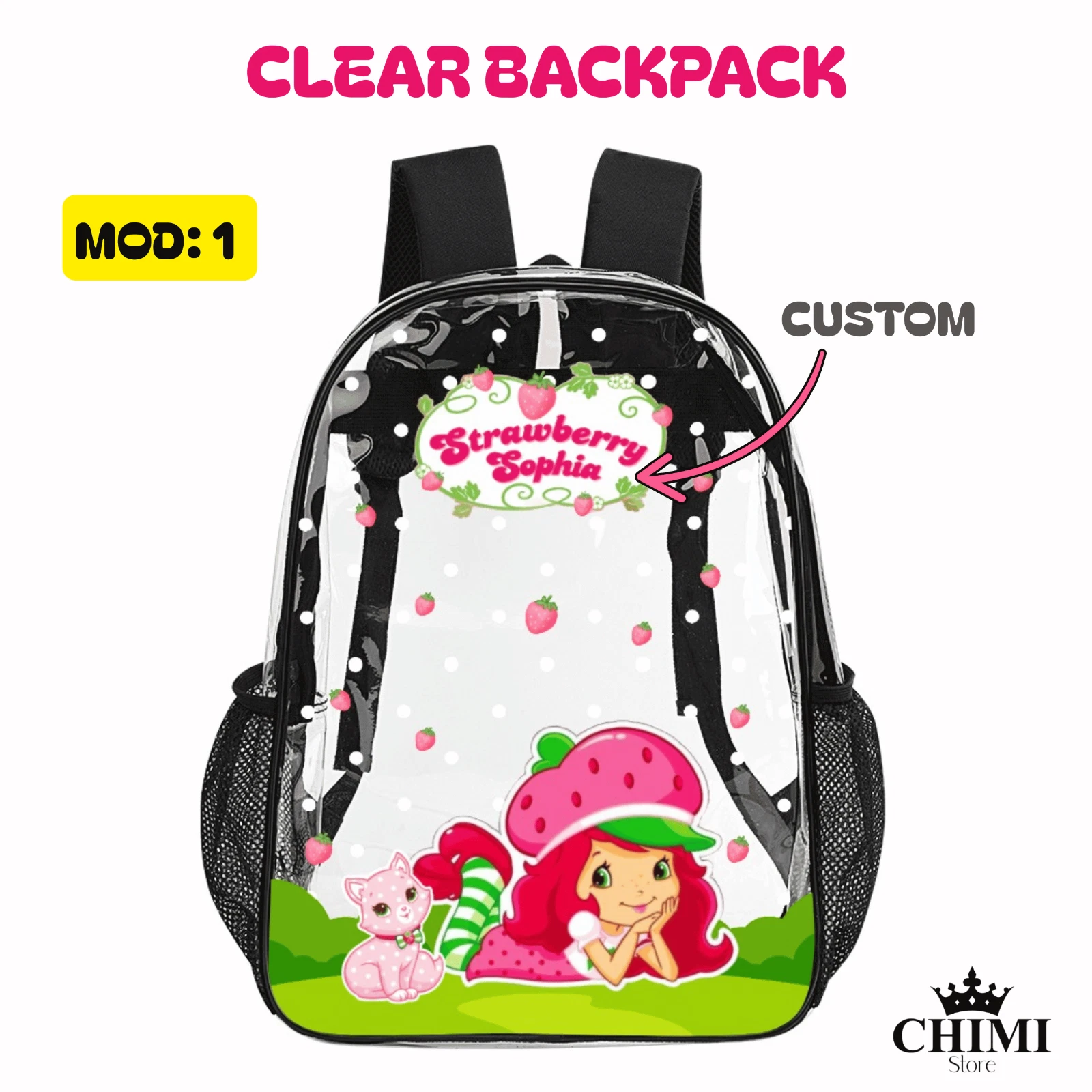 Custom Clear Backpack Strawberry Shortcake with Name – Kids School Bag