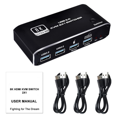 HDMI 2.1 KVM Switch 2X1 4K 120Hz 8K 4 Port USB 3.0 KVM Switcher with Hotkey