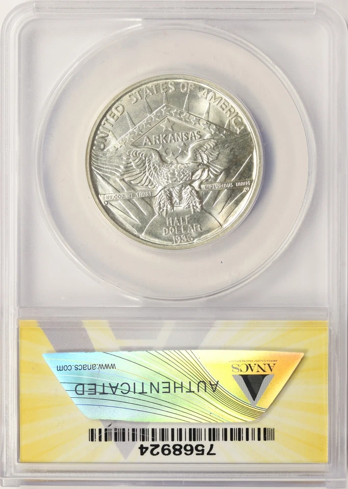 1936 Robinson Commemorative Silver Half Dollar 50c ANACS MS60 Details Cleaned - Image 2 of 4