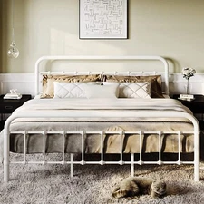 King Bed Frame Metal Platform Bed with Vintage Style Headboard &Footboard,White