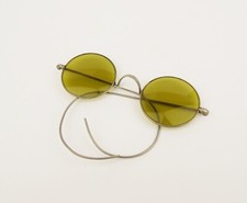 RARE Antique Wire Eyeglasses Shades Metal Rim w Green Glass Steampunk