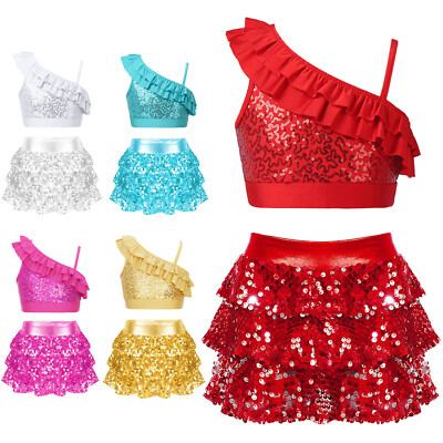 Kinder Mädchen Tanz Performance Outfit Rüschen Tanzkostüm Glänzend Tanzkleidung