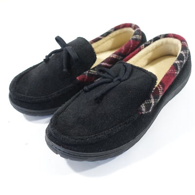 TOTES TOASTIES MEMORY FOAM PLAID BLACK MEDIUM 8-9 MICROFIBER LOAFER SLIPPERS NEW