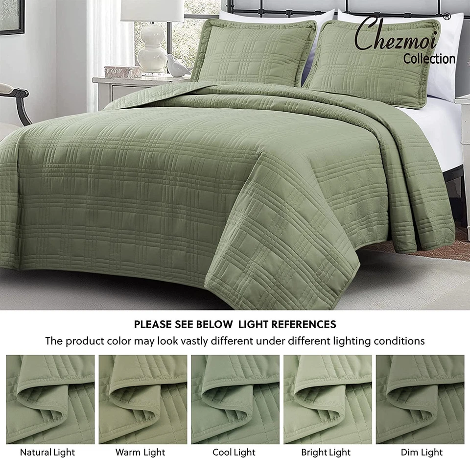 Chezmoi Collection 3-Piece Sage Green Oversized Quilt Bedspread Coverlet Set - Image 4 of 4