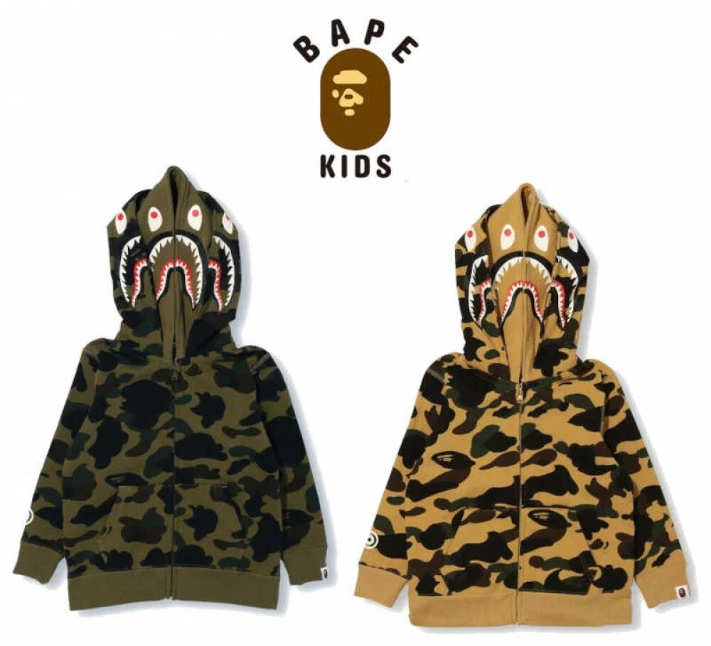 A BATHING APE Kids' Clothes Double Hood Zip Up Hoodie 1ST CAMO Pattern  SHARK JPN