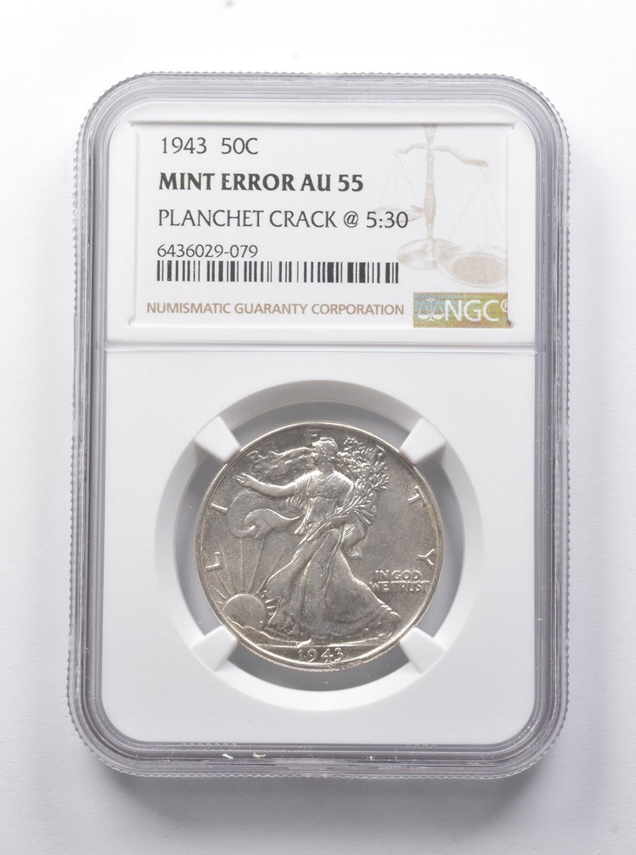 Error AU55 1943 Walking Liberty Half Dollar Planchet Crack @ 5:30