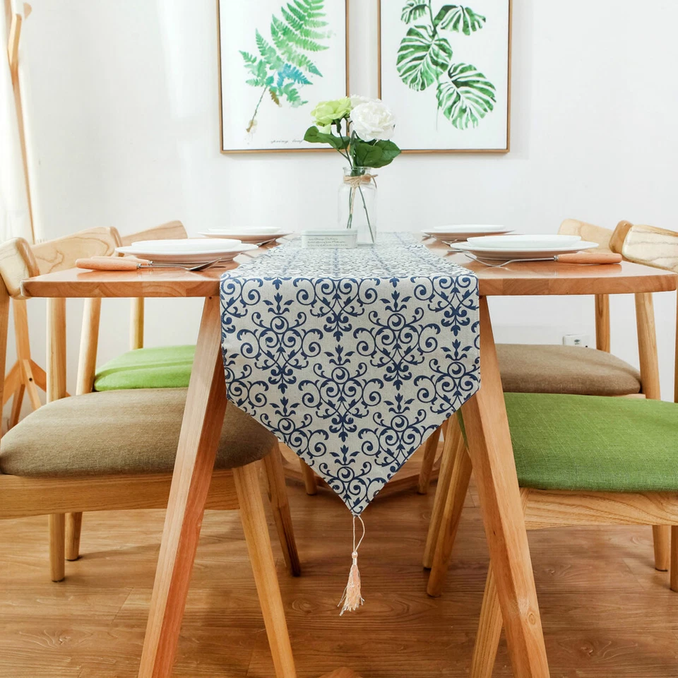 Printed Table Runner Tassel Tablecloth Cover Dining Rectangle Wedding Party Tea - Image 3 of 4