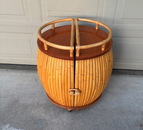 Rare vintage Tiki rattan bamboo mahogany pumpkin bar cart stand Ritts Frankl era