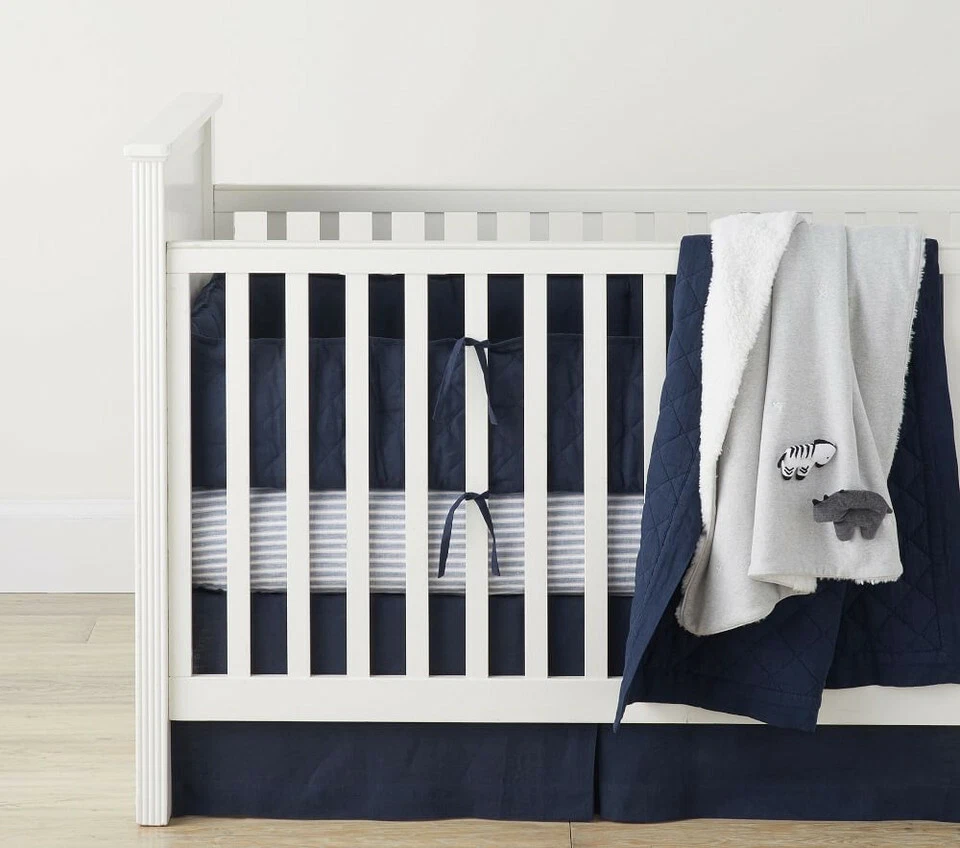 NWT Pottery Barn Baby Navy Blue Belgian 100% Flax Linen Crib Skirt