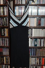 GUESS sexy knit dress Black Skirt Aqua White Diagonal stripe spag strap  L NEW 