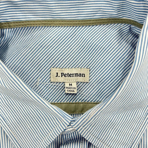 J Peterman Shirt Men’s M Blue Striped Field Long Sleeve Preppy Military Style - Picture 2 of 10