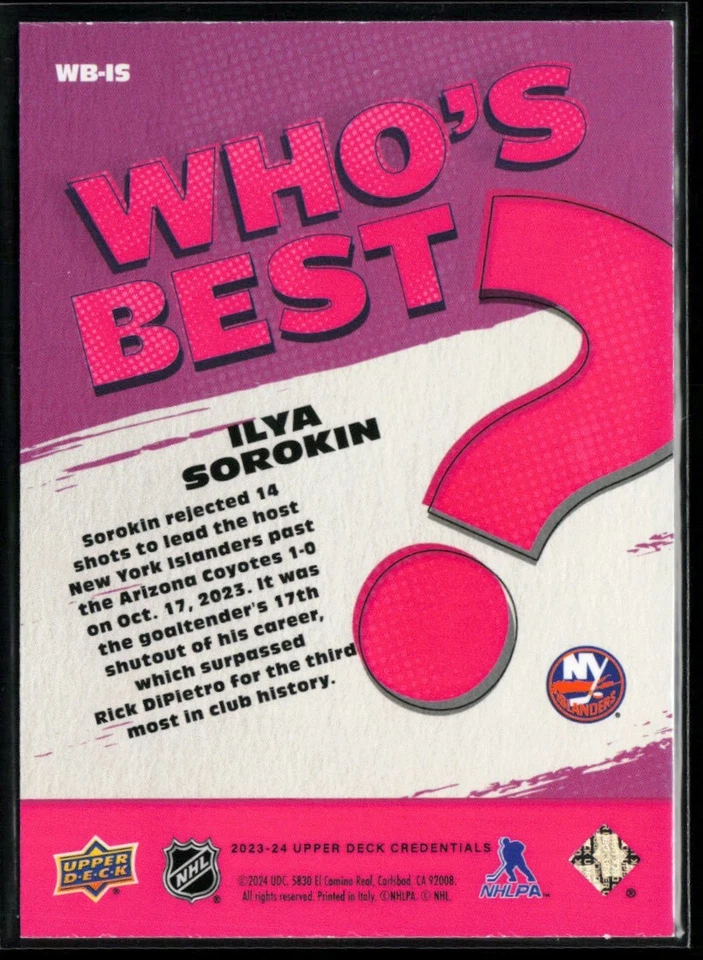2023-24 Upper Deck Credentials Who's Best? #WB-IS Ilya Sorokin - Image 2 of 2