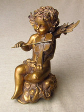 Vintage Plaster Violin Playing Cherub Statue **