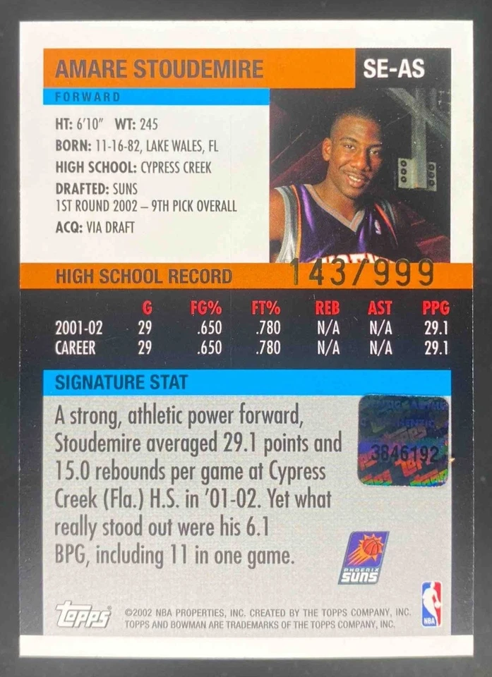 Amare Stoudemire 2002 Bowman Signature Edition Rookie Patch Auto /999 #SE-AS - Image 2 of 4