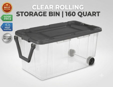 160 Qt Extra Large Wheeled Storage Bin with Pull Handle, Clear