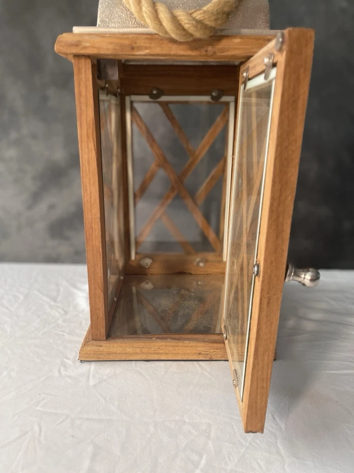 Rustic Farmhouse Wood & Metal Lantern with Rope Handle | 20” Tall Candle Holder - Image 4 of 4