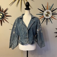 VTG 80s Denim Jacket MD Short Acid Wash Flora...