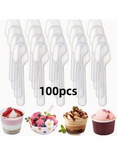 100pcs Transparent Plastic Spoons Reusable Mini Dessert Ice Cream Yogurt Tasting