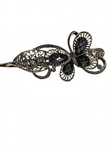 Vintage Butterfly Open Work Gold-tone Filigree Hair Clip w/Smoky Grey Gemstones