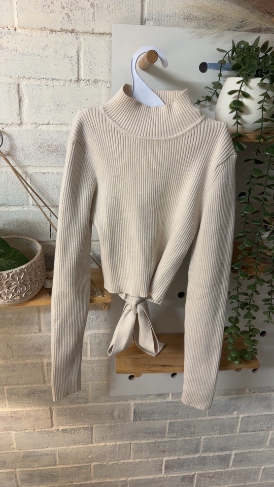 ZARA Cream Ribbed Knit Open Back Tie Waist Long Sleeve Top Size S