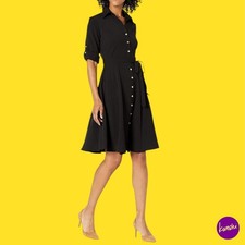 SHARAGANO Women's Button Front Pleated Shirt Dress, Black, UK 8 | EU 36 | US 4