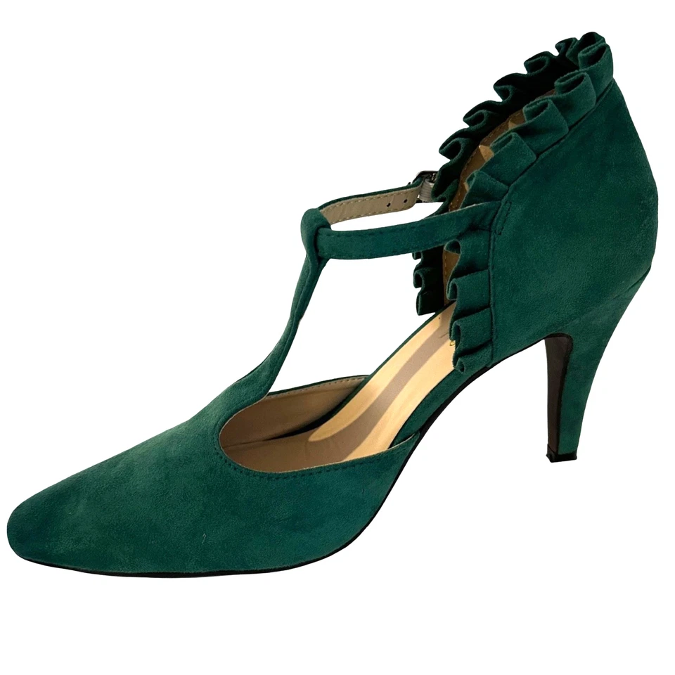 Women's New Beacon Green Silky Micro Suede T-Strap Ruffle Dress Heels Shoes 8.5W - Image 2 of 4