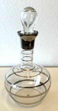Vntg Clear Glass Decanter W/Silver Striping Accents & Stopper Made In Czechoslov
