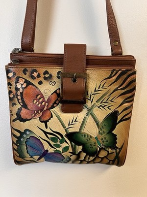 Anna by Anuschka Crossbody Bag NEW without Tags Tan  Colorful Butterfly Floral