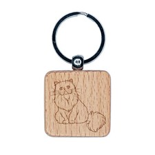 Gentle Persian Cat Engraved Wood Square Keychain Tag Charm