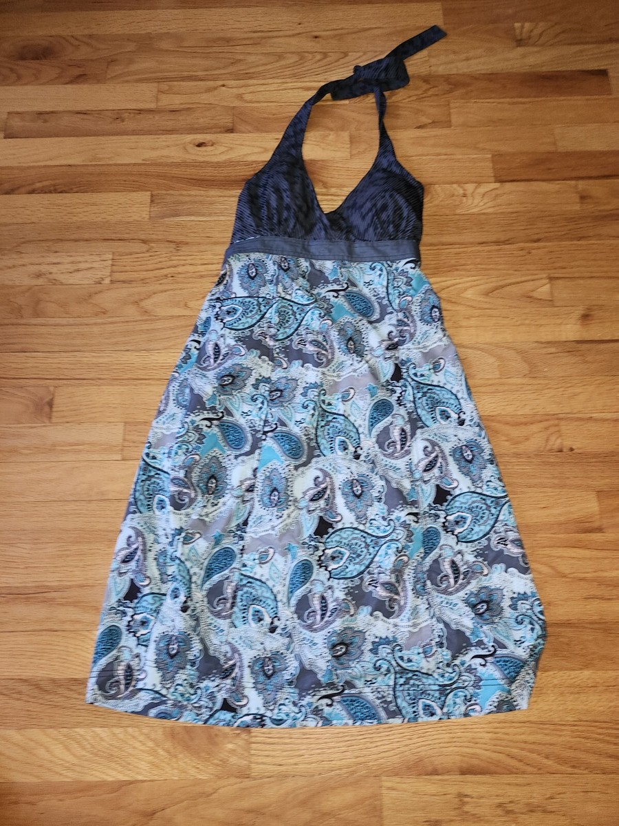 Athleta Women's Pack Everywhere Halter Dress Sz 6 Meteor Gray Blue Paisley  Zip