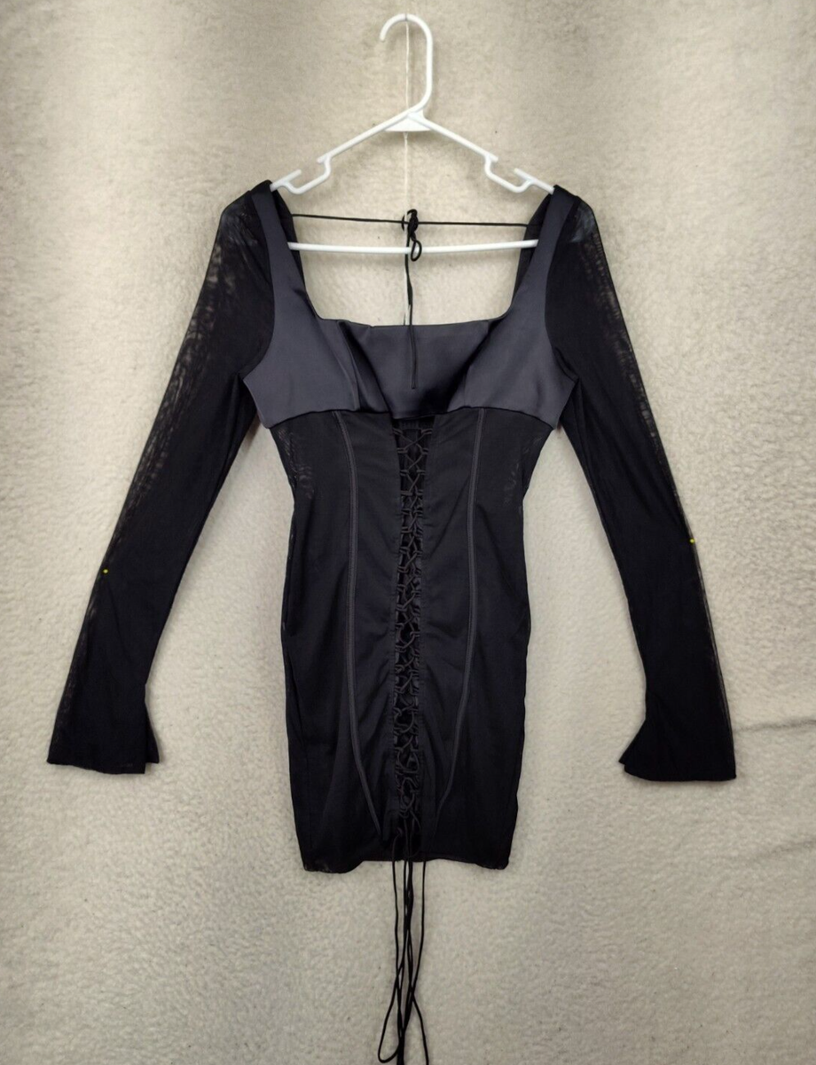 Oh Polly Women Dress Black Polyester B Mesh Long Sleeve Lace-Up Bodycon  Mini