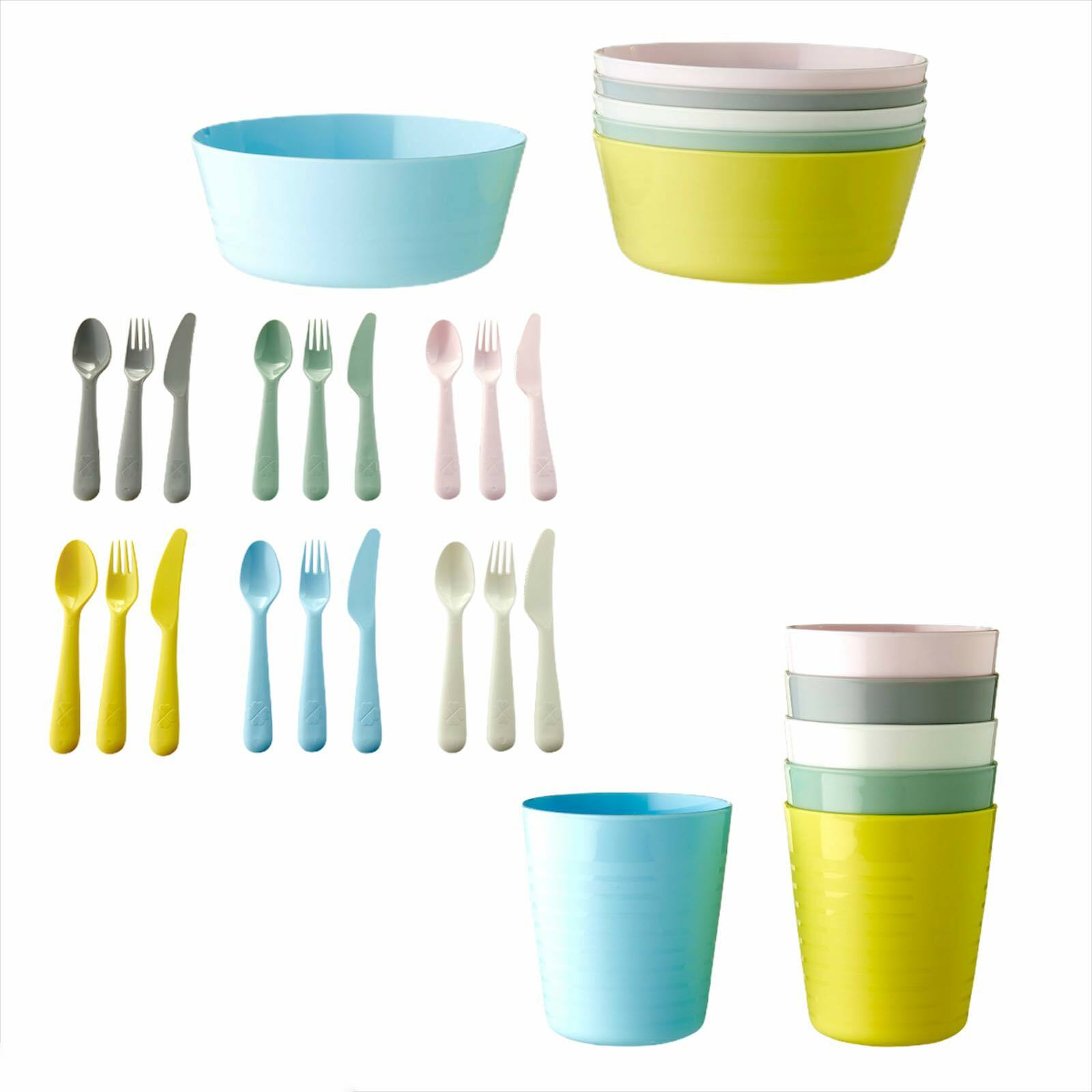 IKEA Kalas Children Kids Plastic Bowls Cups Cutlery Dinner Set Pastel