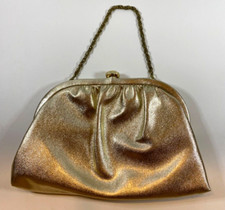 Vintage Gold Clutch Bag Rose Closure, Chain Strap, and Silky Lining Glam